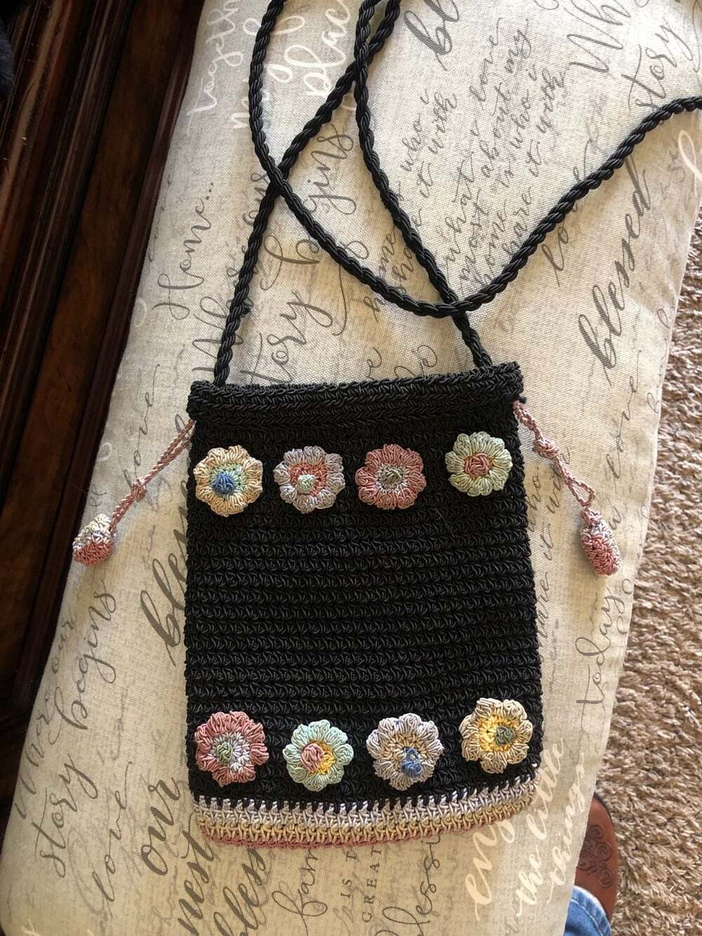 Vintage Y2K Black Crochet Knit Floral Crossbody Pouch Bag